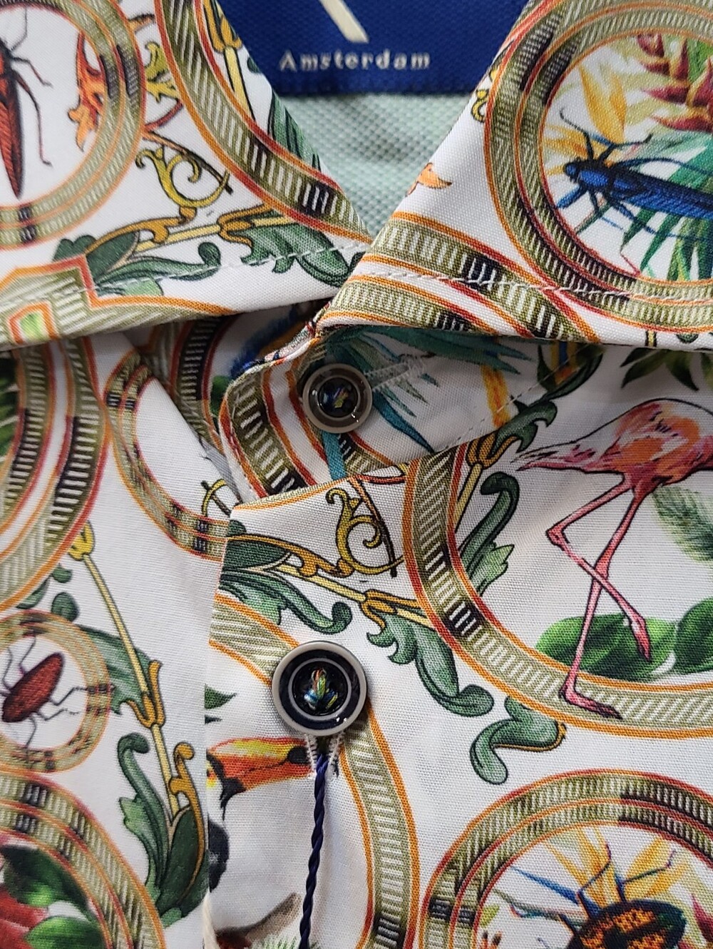 R2 AmsterdamPrinted Men’s Button-Up Shirt - White with Multicolor Tropical Motif